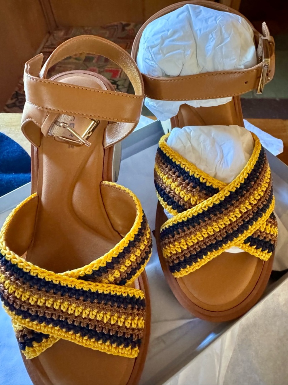 Robert Clergerie Tan Sandals with Yellow & Dark Brown Crochet Straps